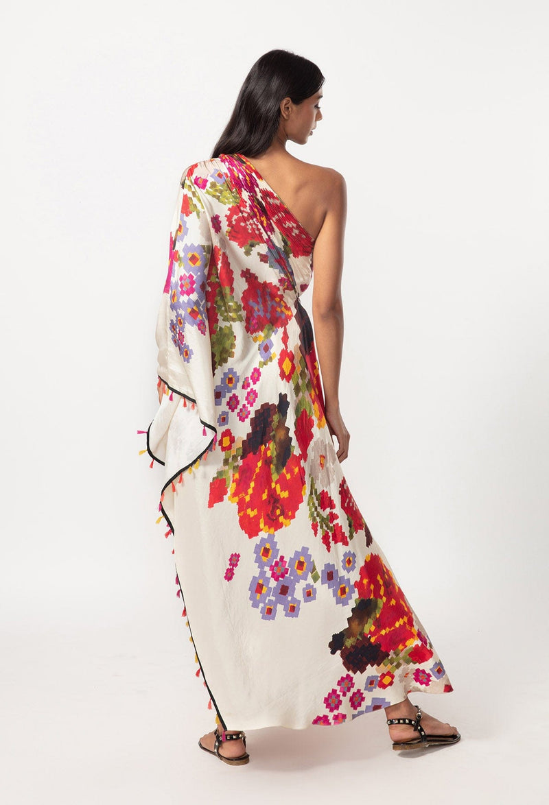 Abstract Floral Print Hand Micro Pelated Kaftan Dress With Intricate Mirror And Thread Hand Embroidered Neckline