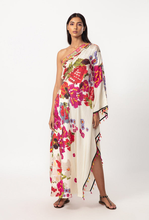 Abstract Floral Print Hand Micro Pelated Kaftan Dress With Intricate Mirror And Thread Hand Embroidered Neckline