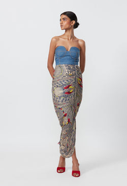 Strapless Part Denim Part Abstract Print, Corset Style, Hand Micro Pleated Dress