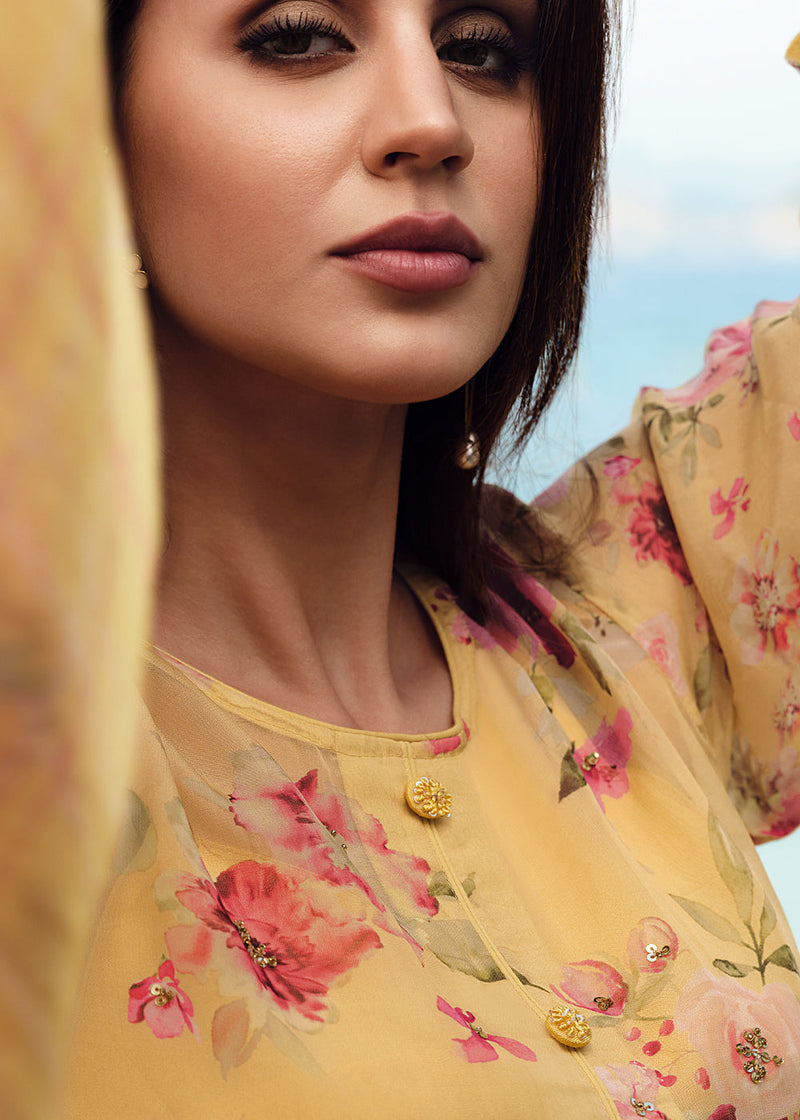 Butter Yellow Floral Digitally Printed Organza Salwar Suit with Embroidery Work : Top Pick