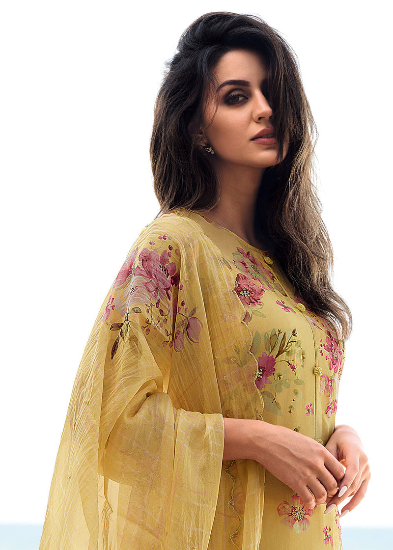 Butter Yellow Floral Digitally Printed Organza Salwar Suit with Embroidery Work : Top Pick