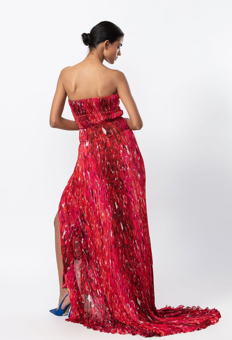 Abstract Floral Rpint Hand Micro Pleated Gown With Customisable Side Slit, Keyhole Detailing And Trail