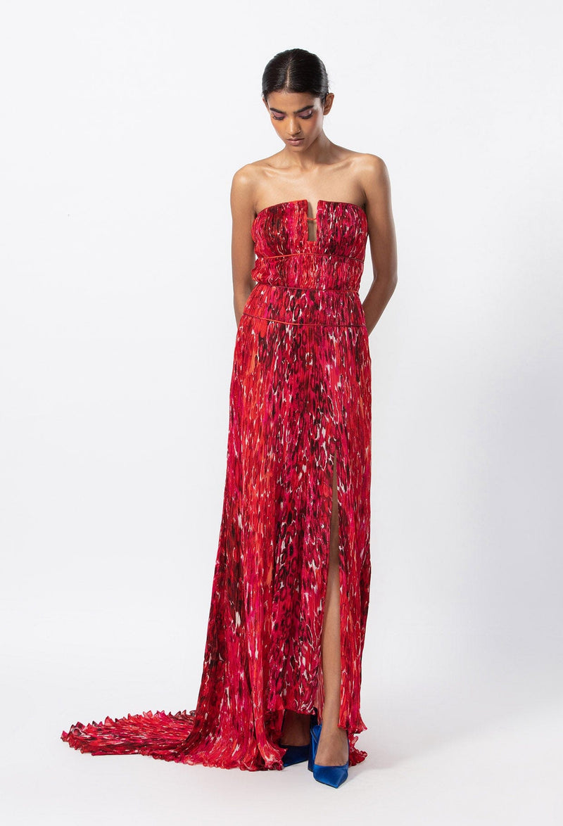 Abstract Floral Rpint Hand Micro Pleated Gown With Customisable Side Slit, Keyhole Detailing And Trail