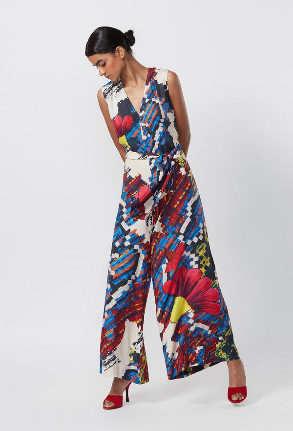 Abstract Floral Print Sleeveless Jumpsuit With Attached Belt