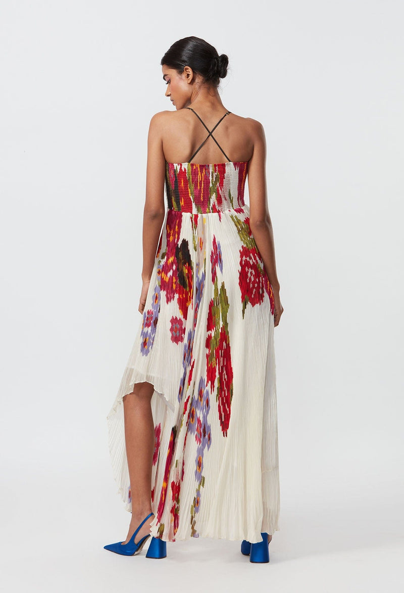 Abstract Floral Placement Print, Hand Micro Pleated Asymmetric Dress With Hand Embroidered Mirror And Thread Work Detailing