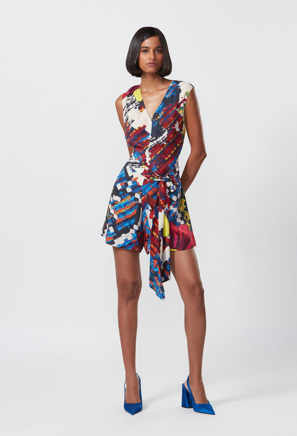 Abstract Floral Print Sleeveless Playsuit With Attached Belt