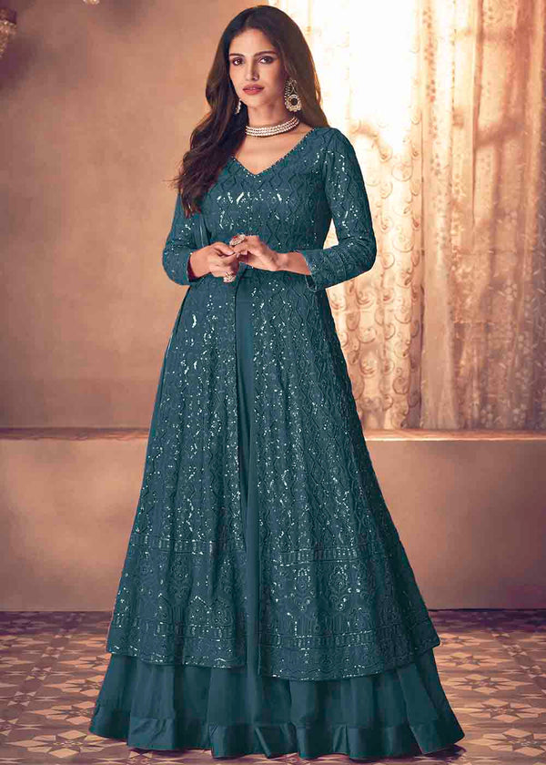 Yale Blue Georgette Front Slit Cut Lehenga Suit with Embroidery work