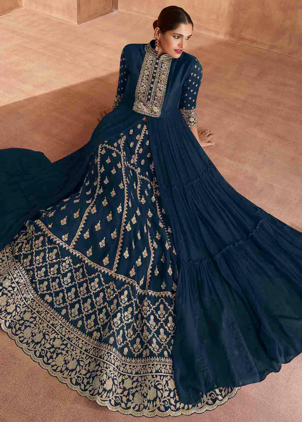 Prussian Blue Georgette Embroidered Front Slit Lehenga Suit