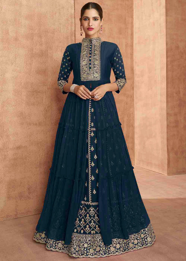 Prussian Blue Georgette Embroidered Front Slit Lehenga Suit