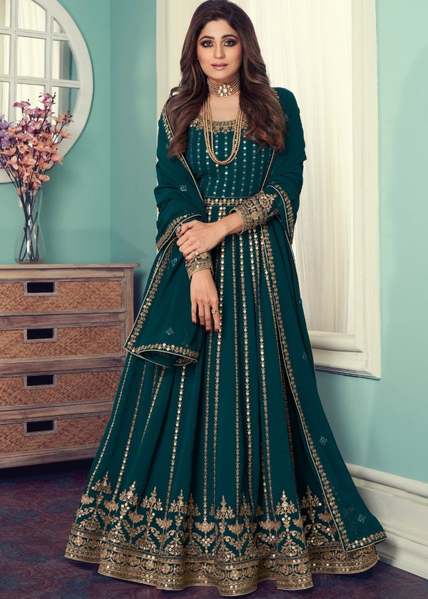 Arabian Teal Green Georgette Anarkali Suit with Heavy Embroidery work