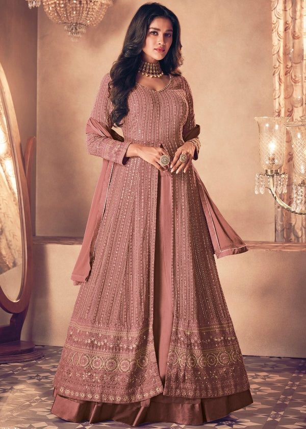 Chestnut Brown Georgette Front Slit Cut lehenga Suit with Embroidery work
