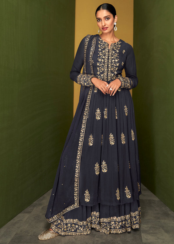 Dark Slate Grey Floral Embroidered Georgette Plazzo Suit