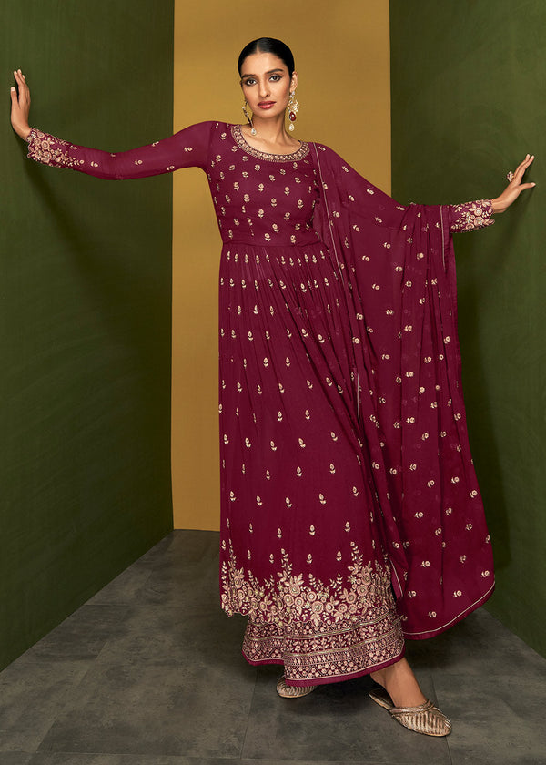 Dark Pink Floral Embroidered Georgette Plazzo Suit
