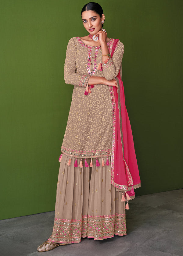 Shades Of Brown Georgette Embroidered Plazzo Suit