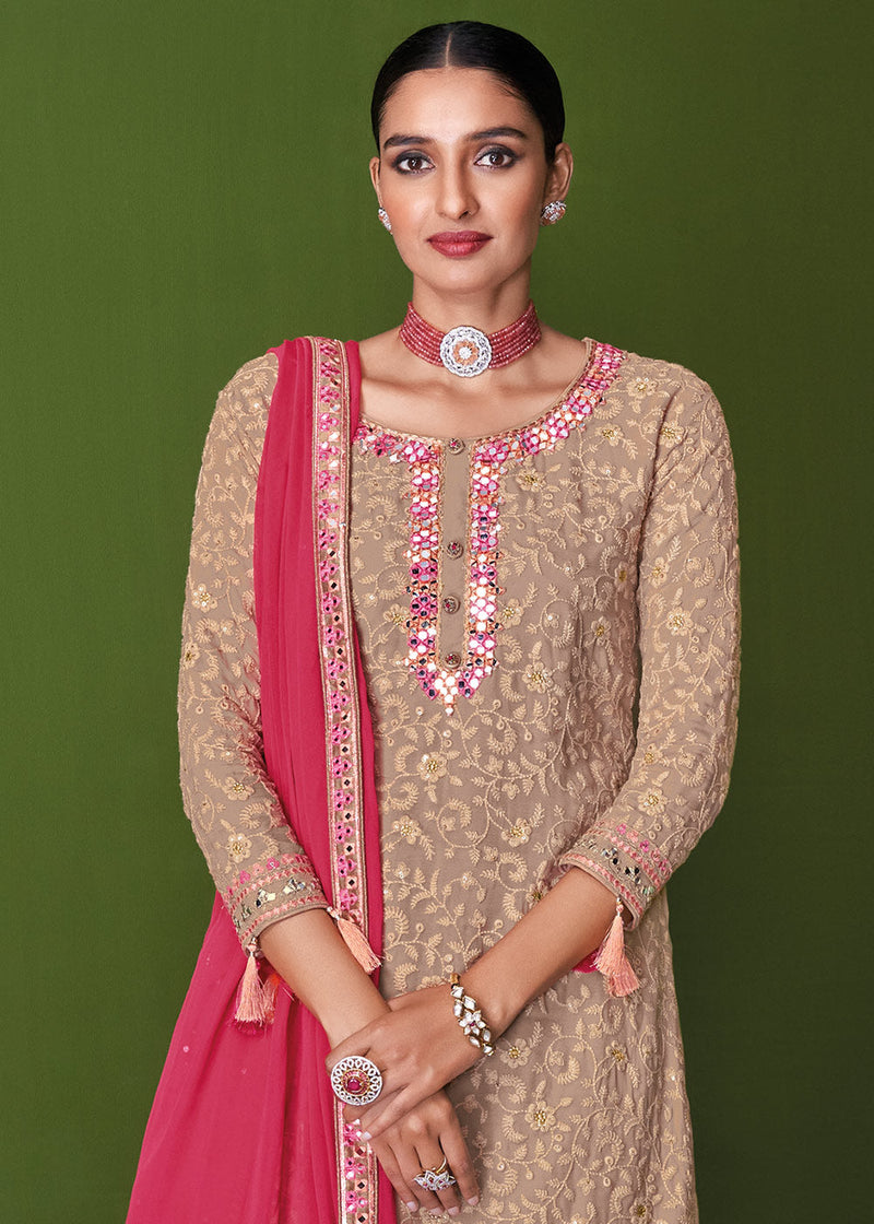 Shades Of Brown Georgette Embroidered Plazzo Suit