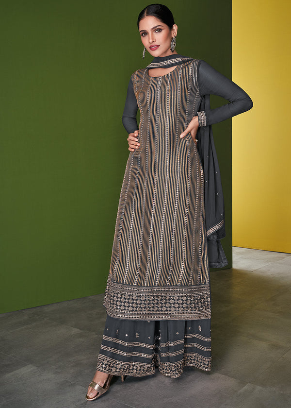 Anchor Grey Georgette Embroidered Plazzo Suit