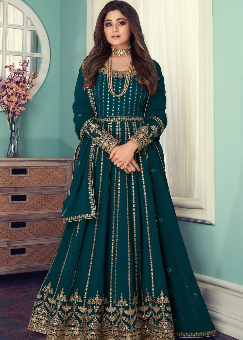 Arabian Teal Green Georgette Anarkali Suit with Heavy Embroidery work