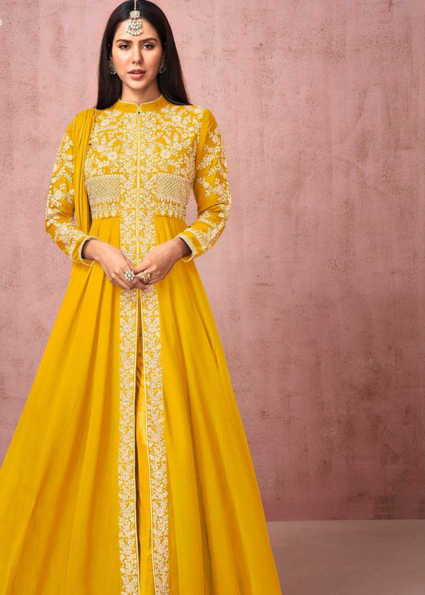Butter Yellow Designer Georgette Anarkali Suit with Embroidered work