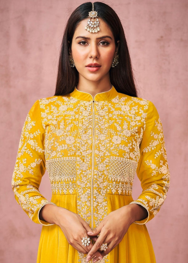 Butter Yellow Designer Georgette Anarkali Suit with Embroidered work
