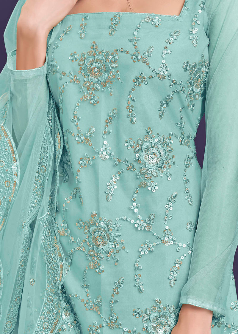 Aqua Blue Designer Soft Net Sharara Suit with Thread Embroidery work