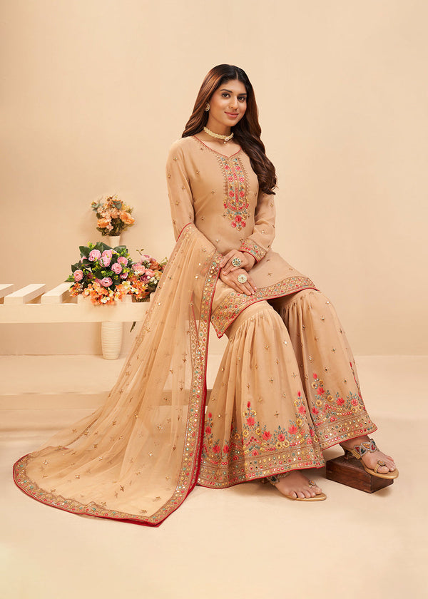 Chikoo Brown Georgette Sharara Suit with Thread, Sequins work & Mattie Embroidery