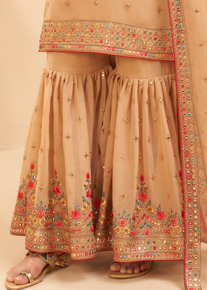 Chikoo Brown Georgette Sharara Suit with Thread, Sequins work & Mattie Embroidery