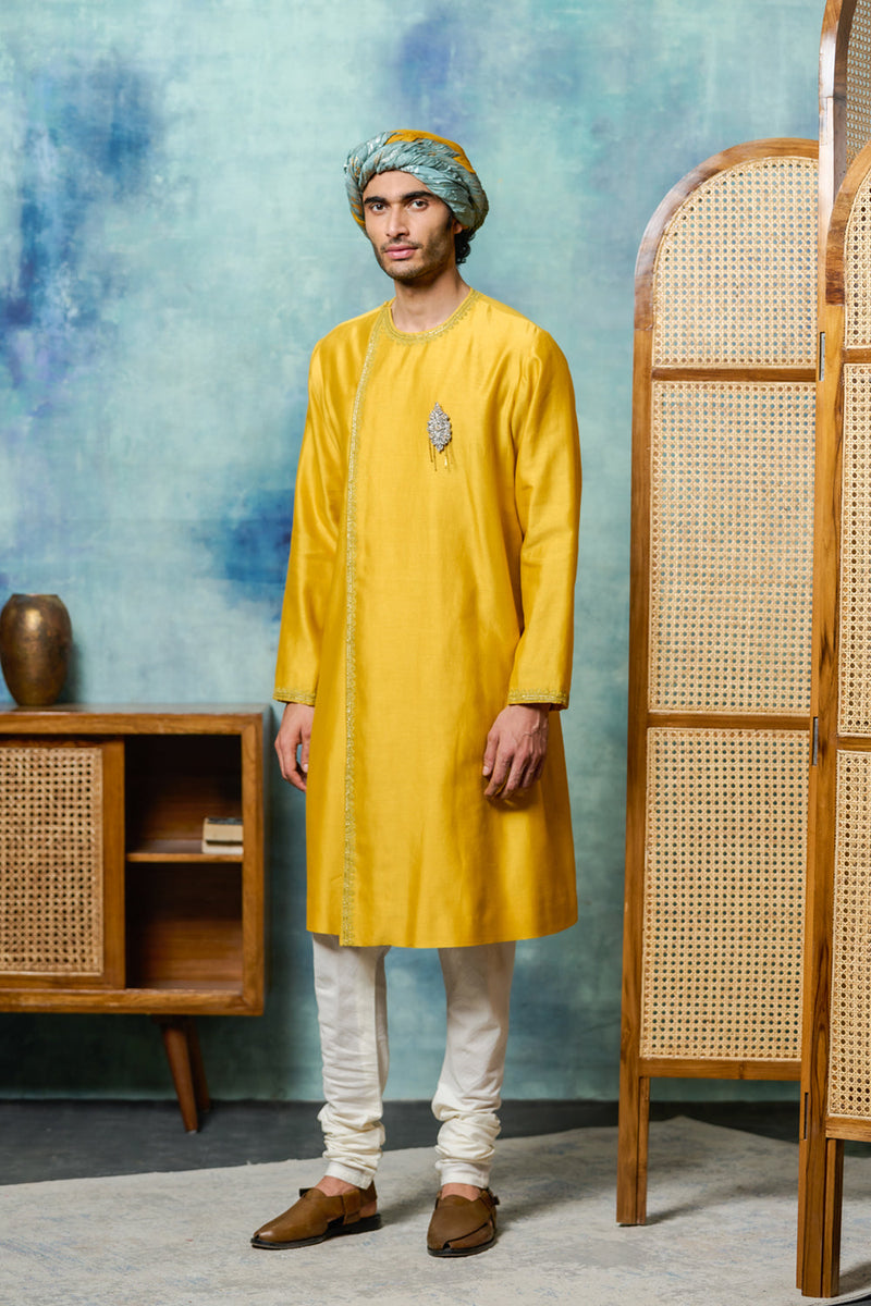 Yellow Silk Chanderi Embroidered Angrakha Set (MKR-09)