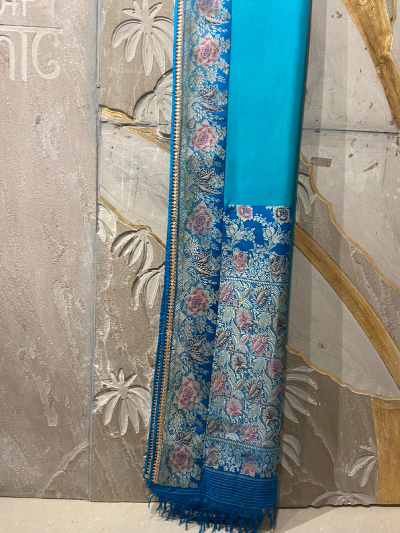 Turquoise jaal silk weaved banarasi embroidered dushala (DUS-87)