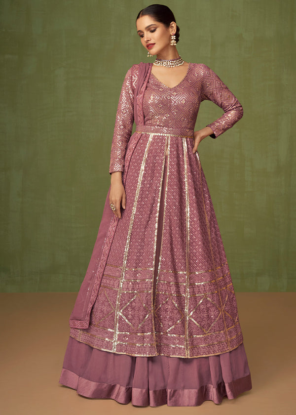 Thulian Pink Georgette Front Slit Cut Lehenga Suit with Embroidery work