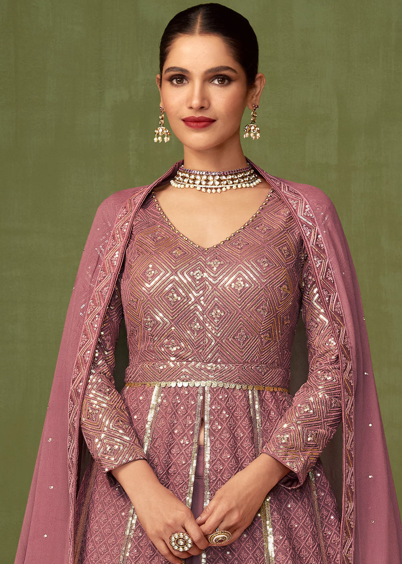 Thulian Pink Georgette Front Slit Cut Lehenga Suit with Embroidery work