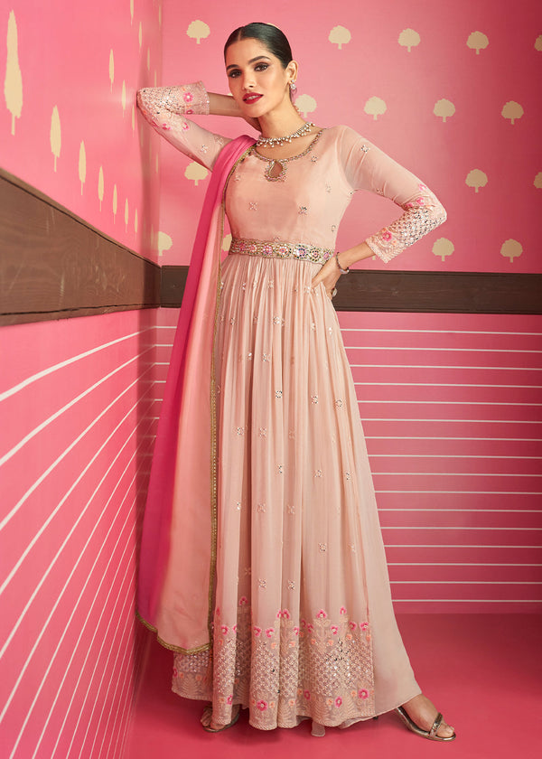 Peach Pink Georgette Embroidered Anarkali Suit
