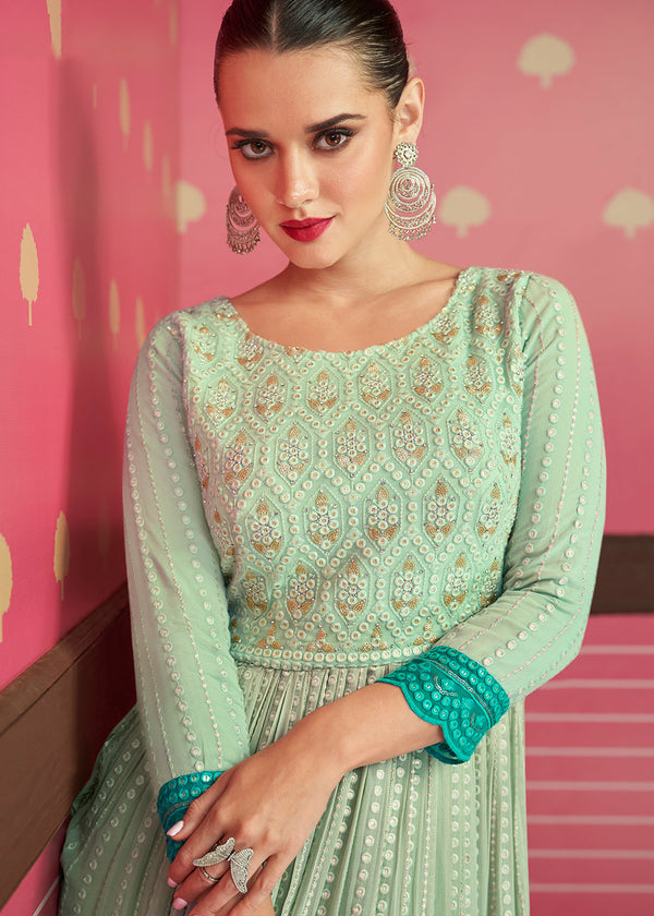 Shades Of Green Georgette Embroidered Anarkali Suit