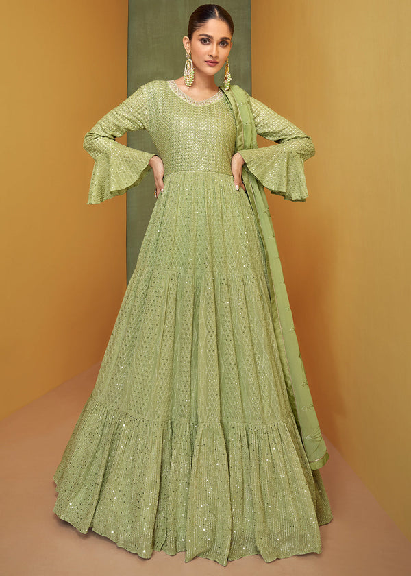 Pastel Green Designer Embroidered Georgette Anarkali Suit