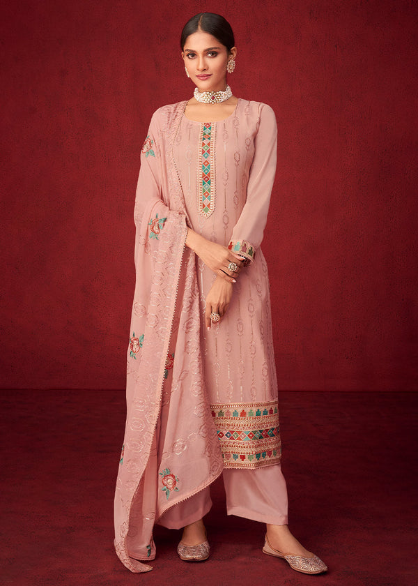 Amarnath Pink Georgette Salwar Suit with Floral Embroidery work