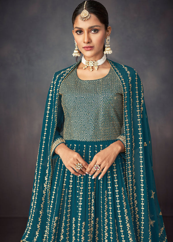 Prussian Blue Embroidered Georgette Plazzo Suit: Festival Edition