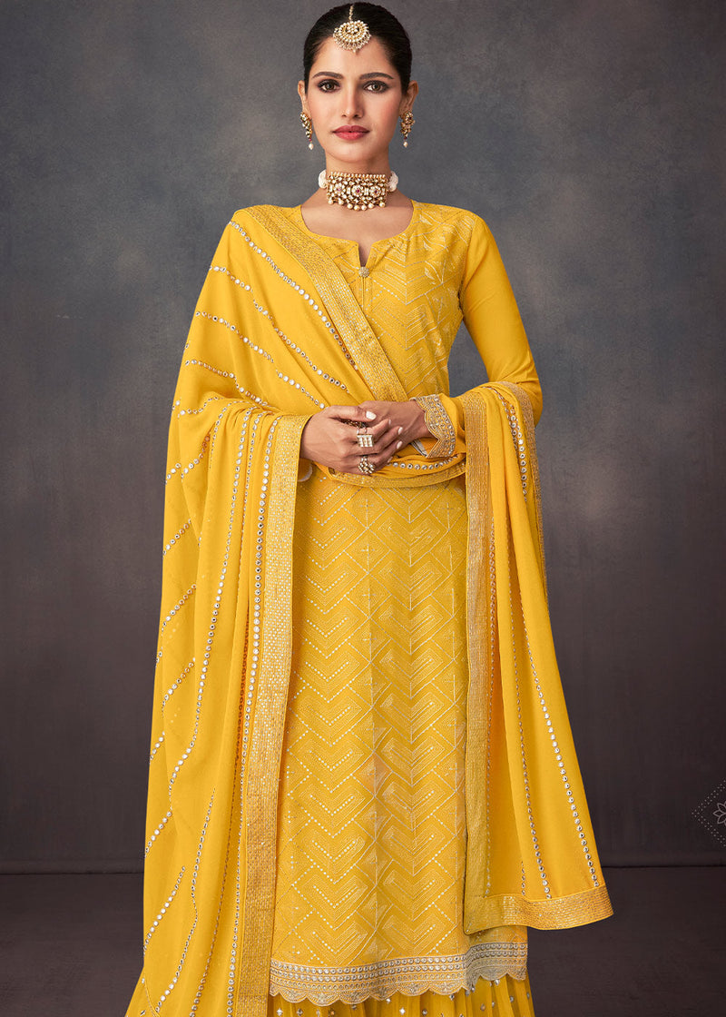 Aureolin Yellow Embroidered Georgette Plazzo Suit: Festival Edition