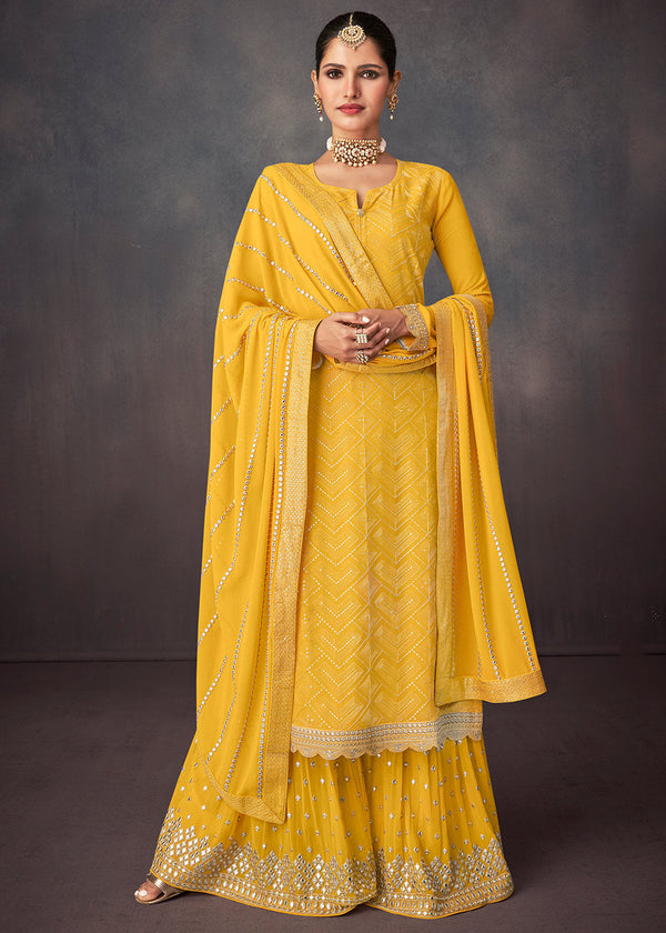 Aureolin Yellow Embroidered Georgette Plazzo Suit: Festival Edition