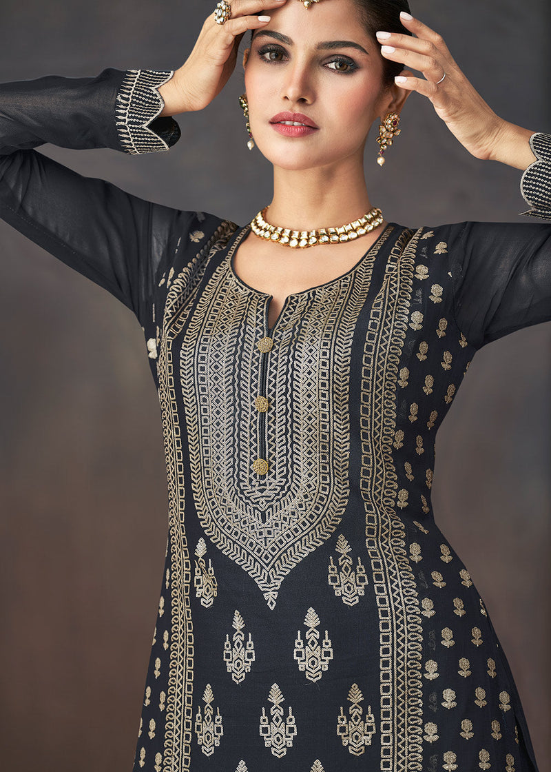 Charcoal Grey Embroidered Georgette Plazzo Suit: Festival Edition