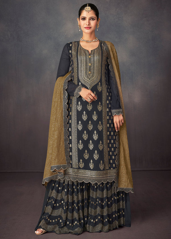 Charcoal Grey Embroidered Georgette Plazzo Suit: Festival Edition