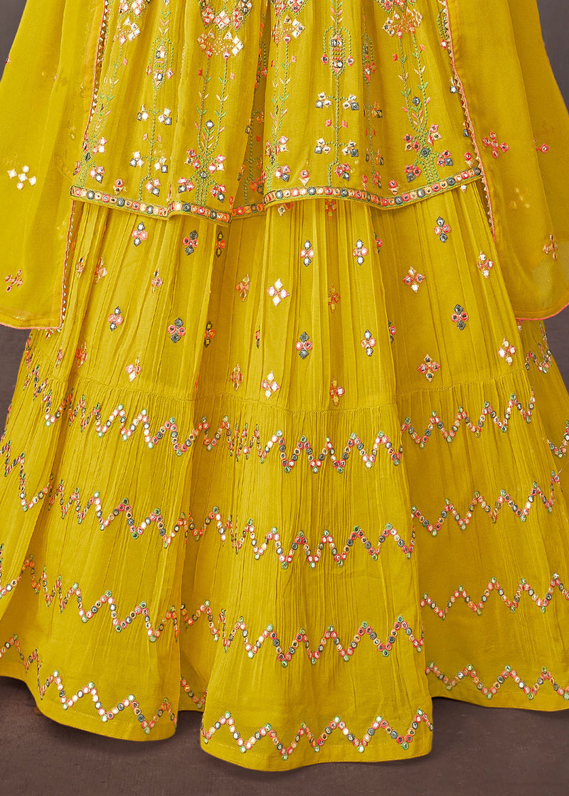 Aureolin Yellow Georgette Embroidered Lehenga Suit