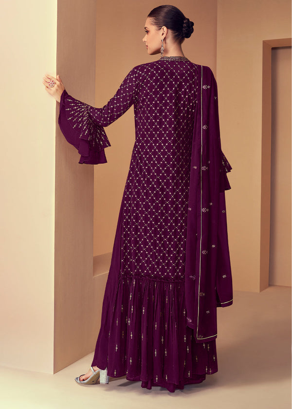 Byzantine Purple Georgette Designer Embroidered Suit with Long Jacket