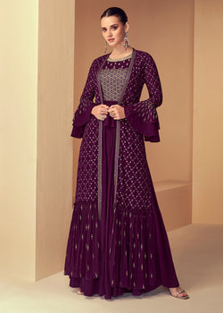 Byzantine Purple Georgette Designer Embroidered Suit with Long Jacket