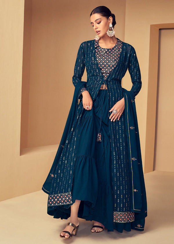 Prussian Blue Georgette Designer Embroidered Suit with Long Jacket