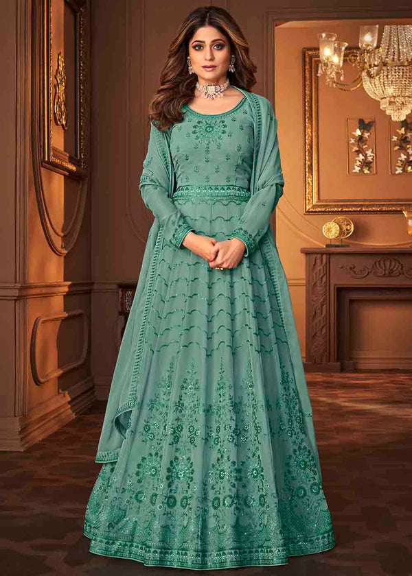 Sea Green Georgette Anarkali Suit with Embroidery & Sequins work
