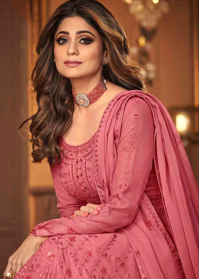 Coral Pink Georgette Anarkali Suit with Embroidery & Sequins work