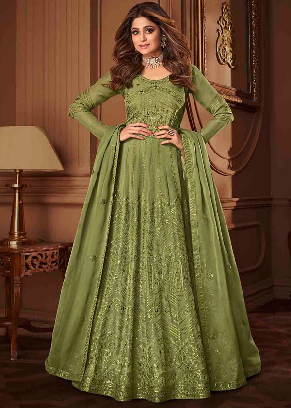 Olive Green Georgette Anarkali Suit with Embroidery & Sequins work