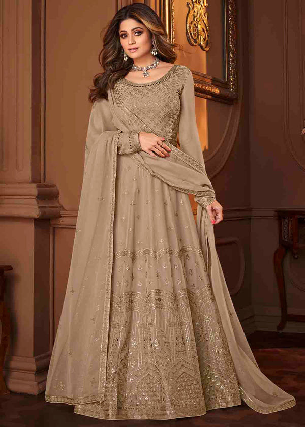 Burlywood Brown Georgette Anarkali Suit with Embroidery & Sequins work