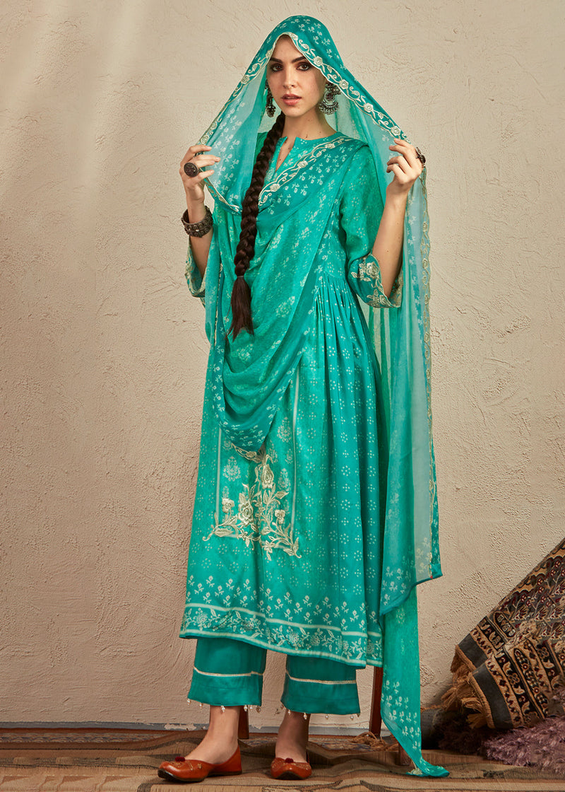 Turquoise Green Digital Printed Cotton Silk Suit With Parsi Embroidery work
