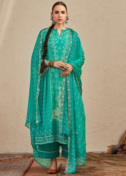 Turquoise Green Digital Printed Cotton Silk Suit With Parsi Embroidery work
