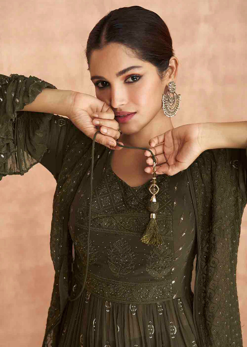 Army Green Georgette Designer Jacket Suit with Embroidery work